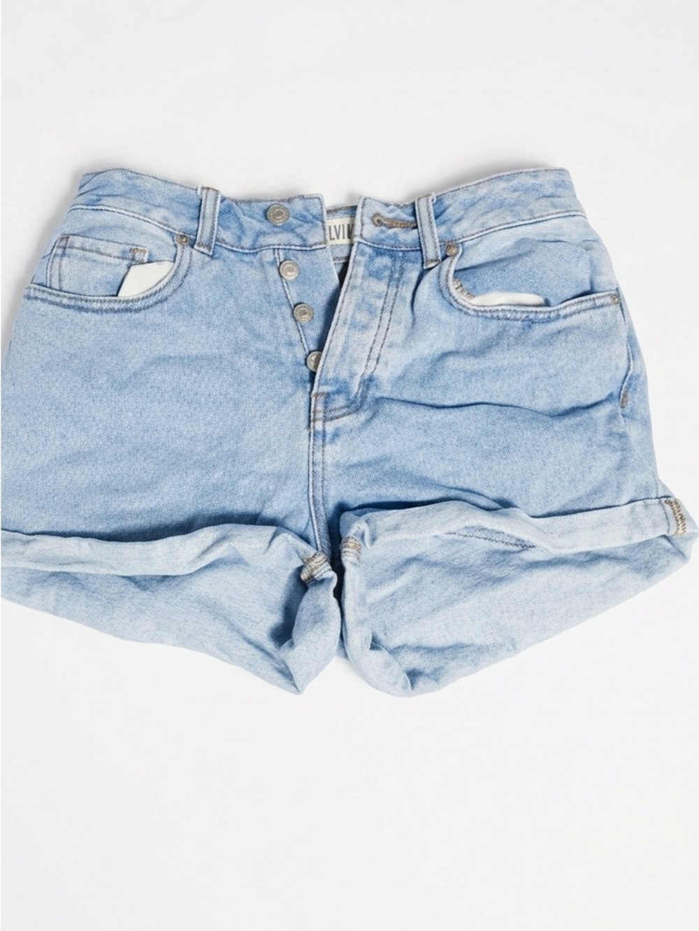 Faded Light Blue Rolled-Hem Denim Shorts